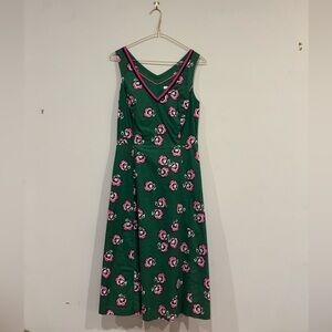 Boden Green Midi Dress with Pink Floral Pattern